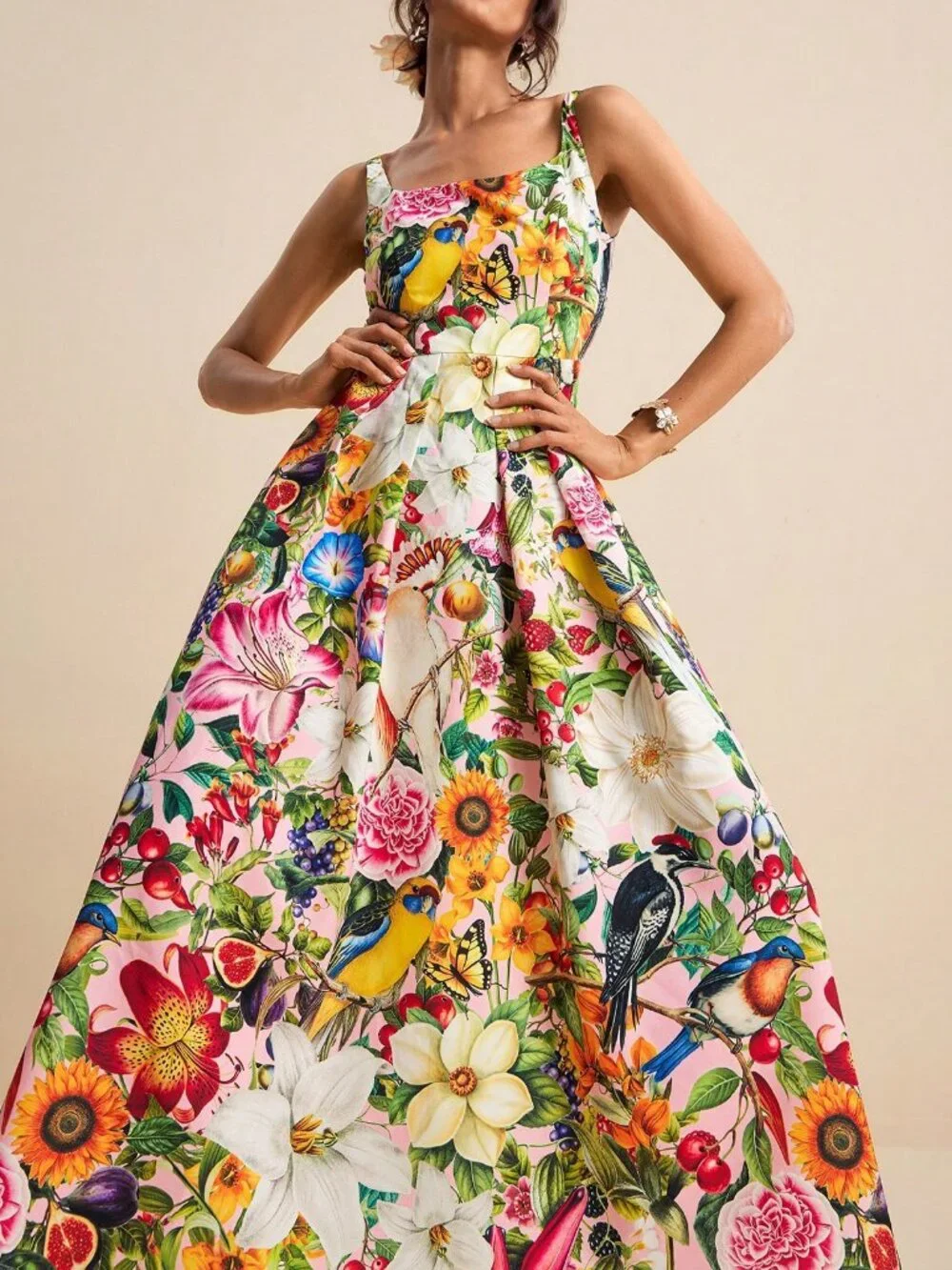 Pink Boho Women's U-Neck Spaghetti Strap Waist Flared Tropical Print Dress - Picture 3 of 8